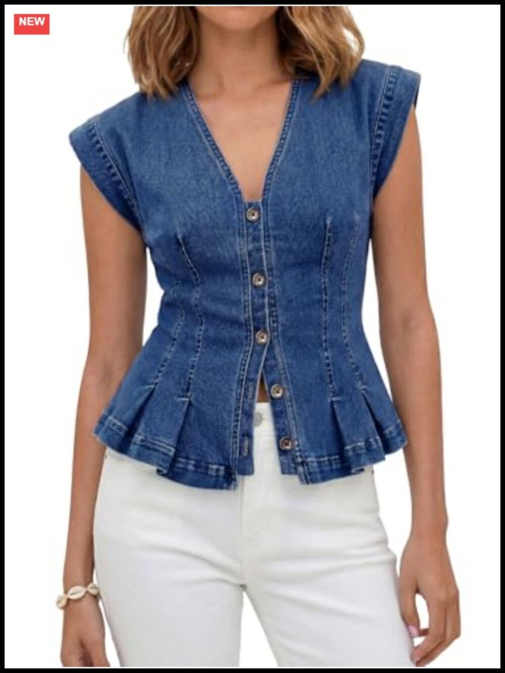Women's Fitted Denim Vest Y2K Pleated Sleeveless Summer